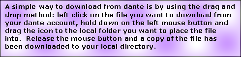 Text Box: A simple way to download from dante is by using the drag and drop method: left click on the file you want to download from your dante account, hold down on the left mouse button and drag the icon to the local folder you want to place the file into.  Release the mouse button and a copy of the file has been downloaded to your local directory.