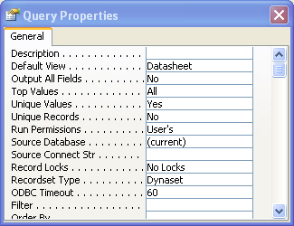 Query properties window