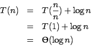 \begin{eqnarray*}
T(n) &=& T(\frac{n}{n}) + \log n \\
&=& T(1) + \log n\\
&=& \Theta(\log n)
\end{eqnarray*}
