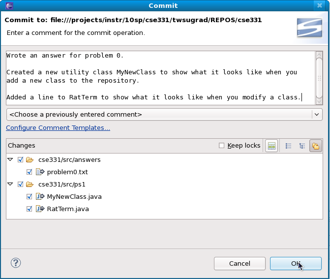Screenshot: Commit files dialog