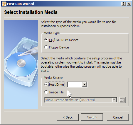 If you use the .iso option, you may need to tell VirtualBox about the ISO file. After you click the browse button, in the Virtual Media Manager window that 