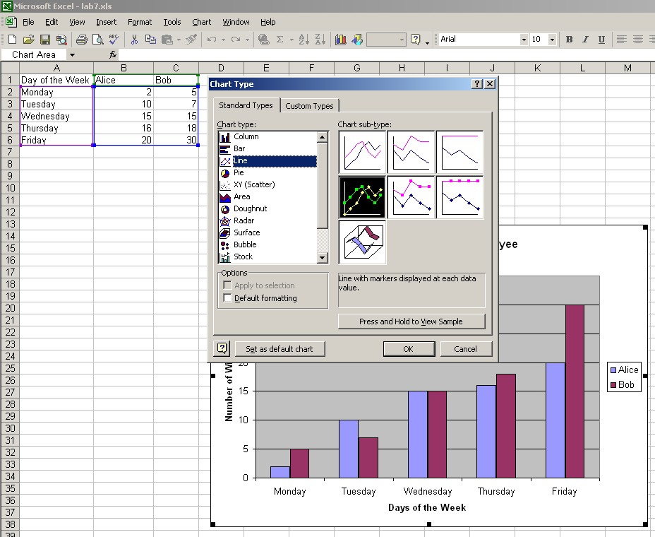 TODO: Screenshot of what Chart Type window should look like after changing to Line Chart