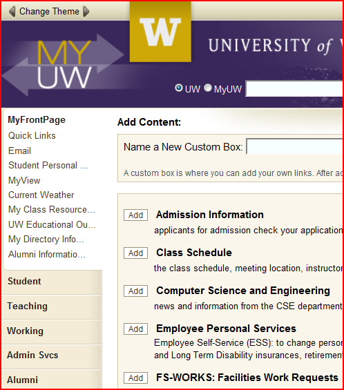 content choices on myUW page