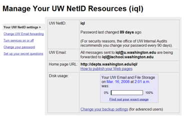 UW network acccount page