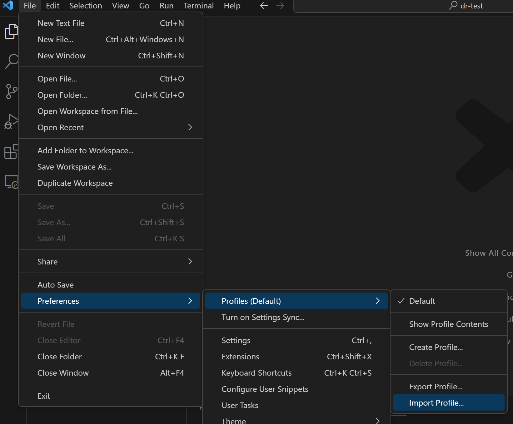 VSCode menu for starting profile import