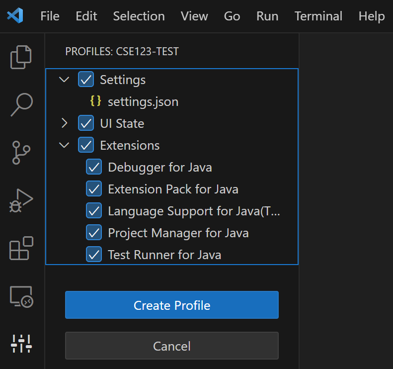 The location of the create profile button on the left of VSCode
