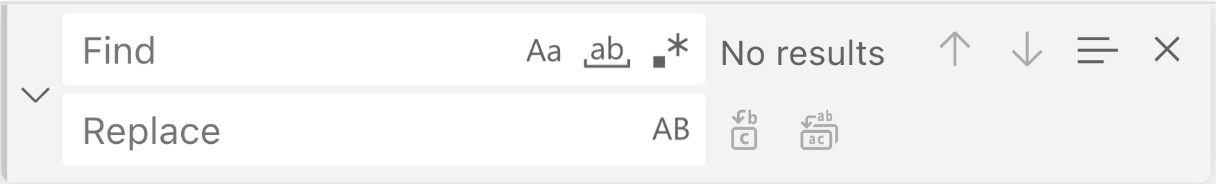 the find-and-replace UI in ed. features a find and a replace input box, as well as options to toggle matching case, the whole world, regular expressions, preserving case, and next/previous occurrences.