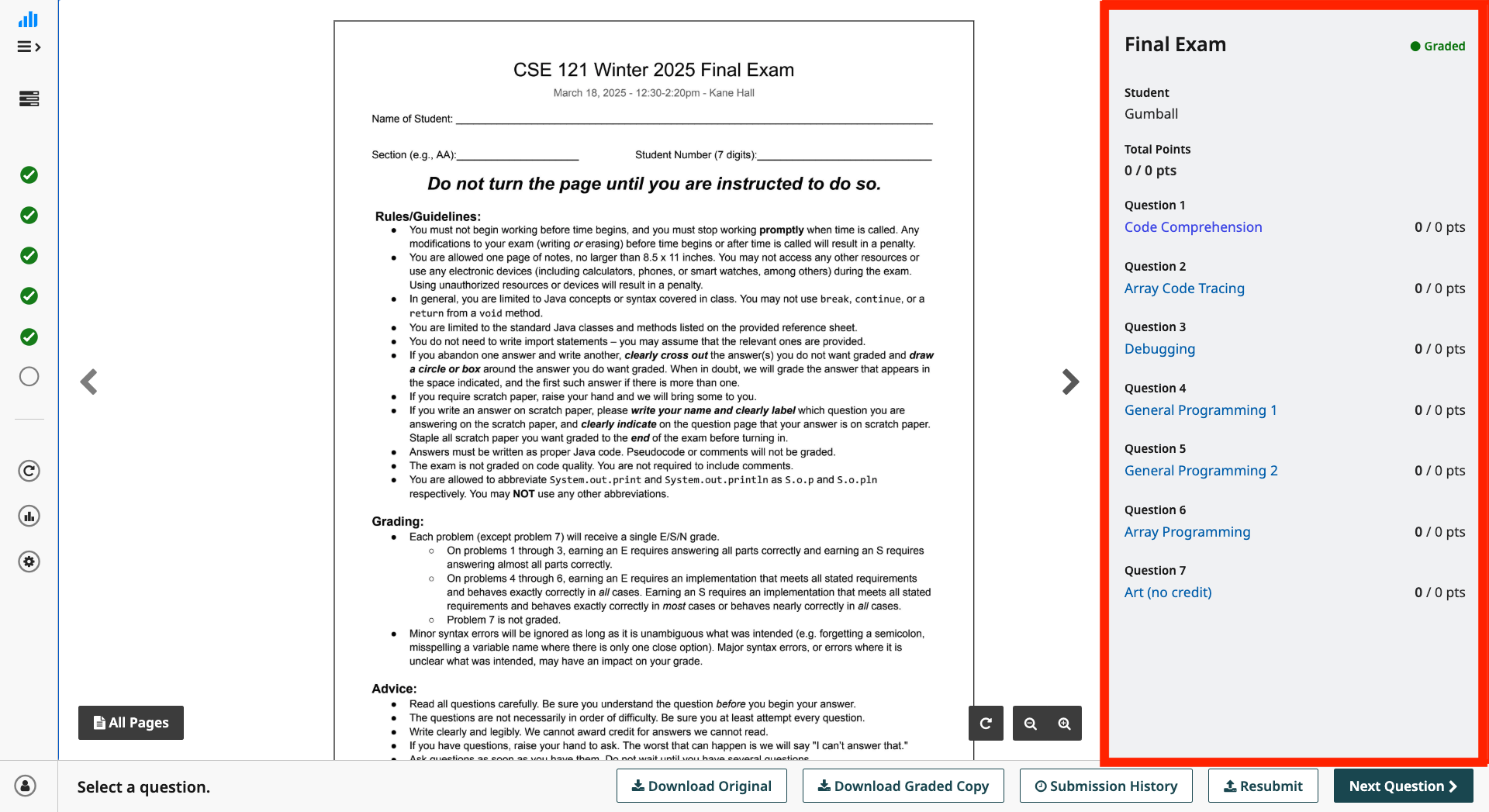 The default Gradescope view for the final exam. The screenshot highlights the "gradesheet", which is the right-hand sidebar titled "Final Exam" and has a list of questions and points. The screenreader label for this zone is "submission rubric and results".