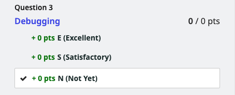 The Gradescope UI for Question 3: Debugging. Three items are in the list, but just the "N (Not Yet)" entry is selected, indicating that the student received an N.