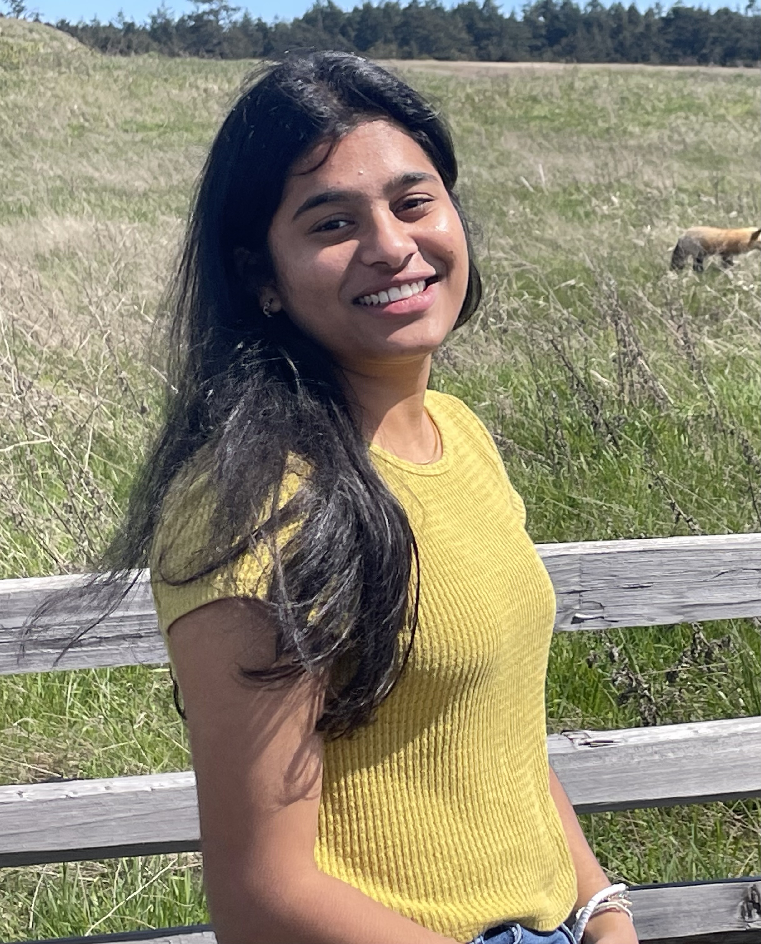 Portrait of a girl with long black hair wearing a bright green shirt, smiling in front of a grass field.