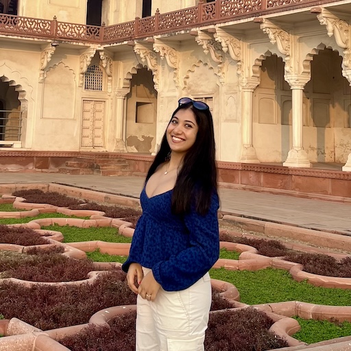 Standing up next to indian palacial structure in a blue shirt