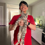 Minh holding a gray kitten.