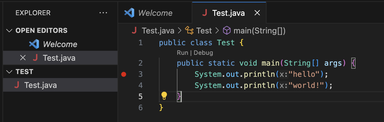 Shows where that a breakpoint is added on line 3 with a bright red circle