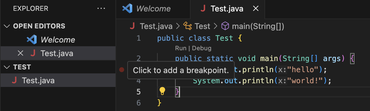 The location of where to add a breakpoint in VSCode with popup "Click to add a breakpoint" text