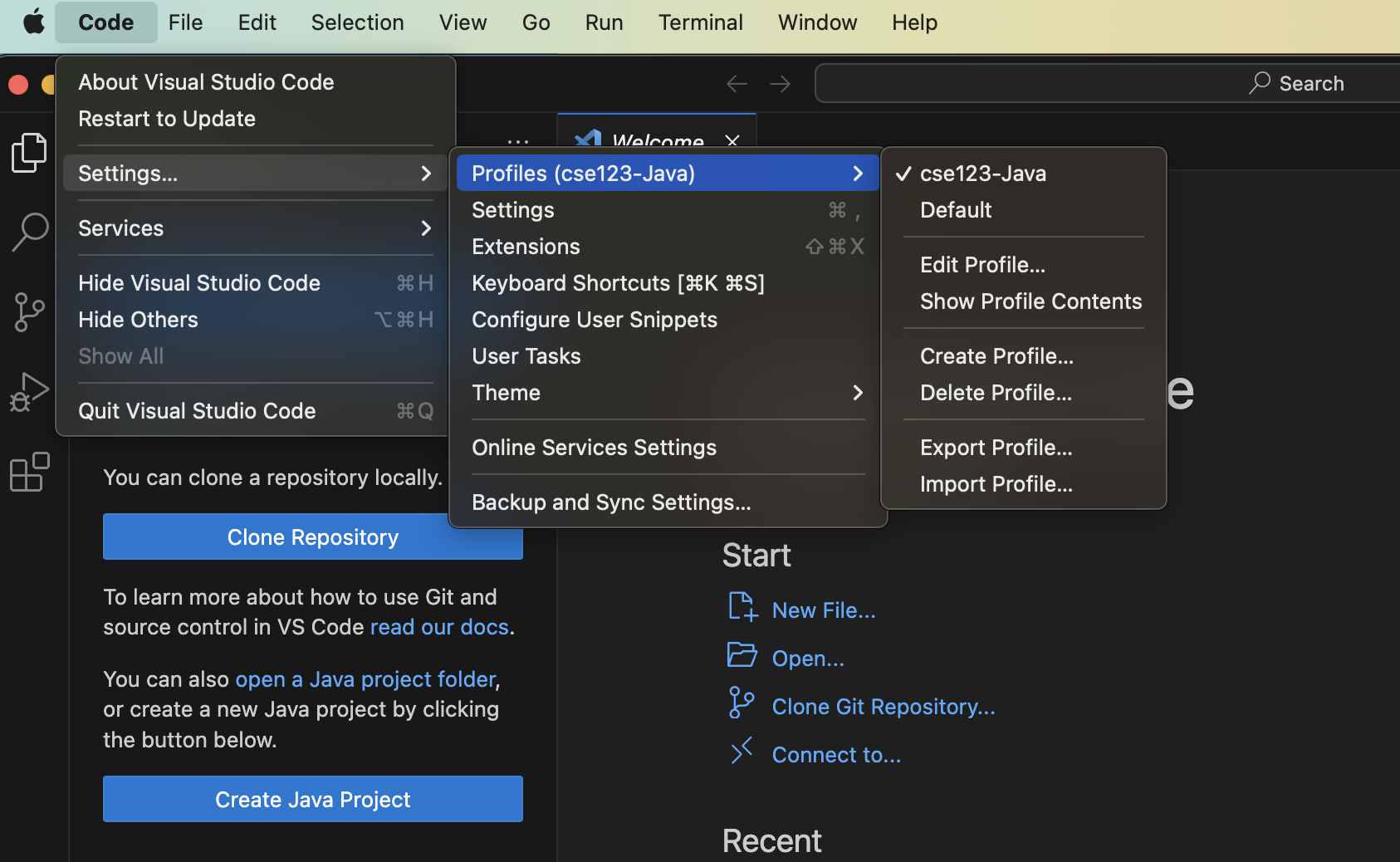 VSCode menu showing the profile is set to cse123-Java mac