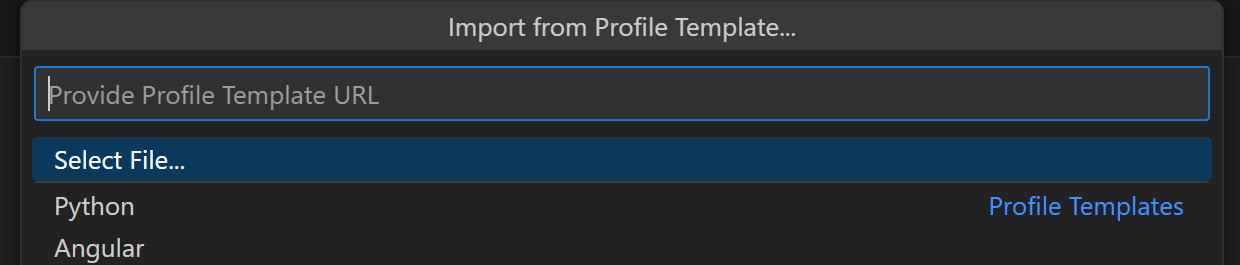 VSCode top menu for selecting an import type