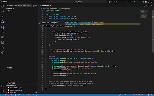 The bomb.java file with a breakpoint added on line 8 while running the debugger