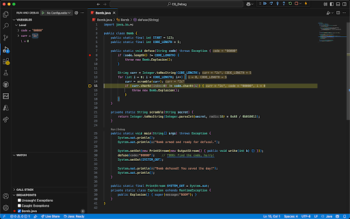 The bomb.java file still in debugger after having selected step over until line 15