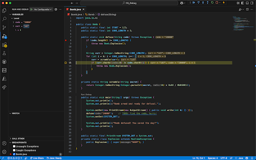 The bomb.java file in the debugger stopped on line 15 after having successfully completed one iteration of the for loop