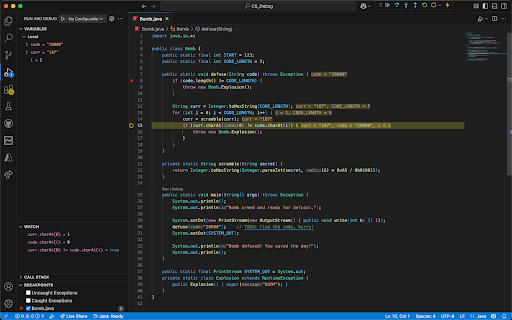 The bomb.java file in the debugger stopped on line 15 after having added curr.charAt(0), code.charAt(i), and curr.charAt(0) != code.charAt(i) to the watch
