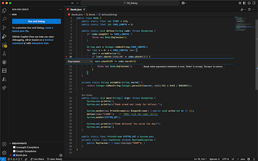 Adding a conditional breakpoint to line 15 of bomb.java with the condition curr.charAt(0) != code.charAt(i)