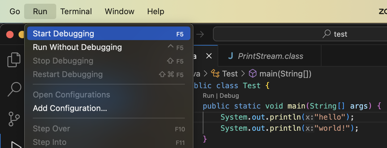 Shows location of "Start Debugging" button under run menu