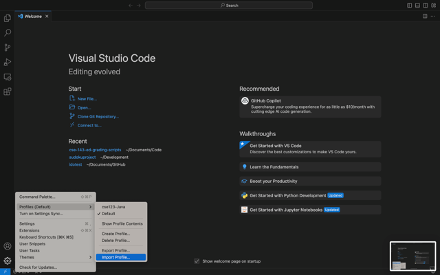 VSCode menu for starting profile import