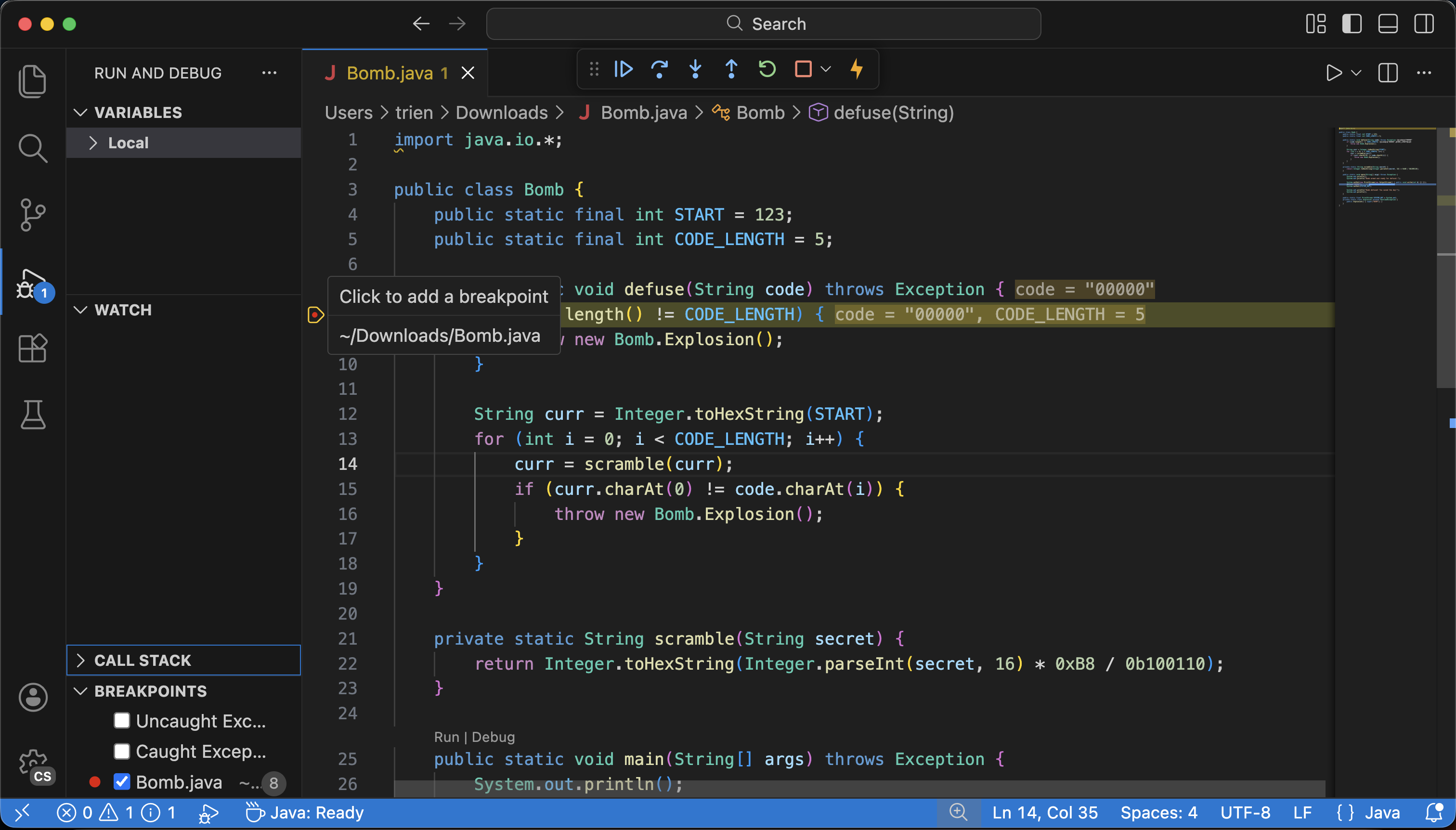 The bomb.java file with a breakpoint added on line 8 while running the debugger