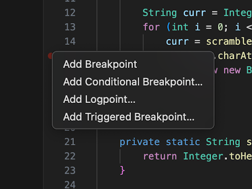 The menu when right clicking instead of left clicking when adding a breakpoint showing different types of breakpoints