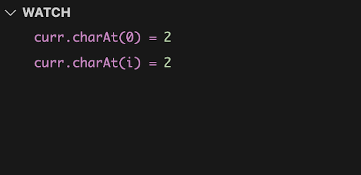 The watch after having added the expressions curr.charAt(0) and curr.charAt(i) to it and how they display their current values