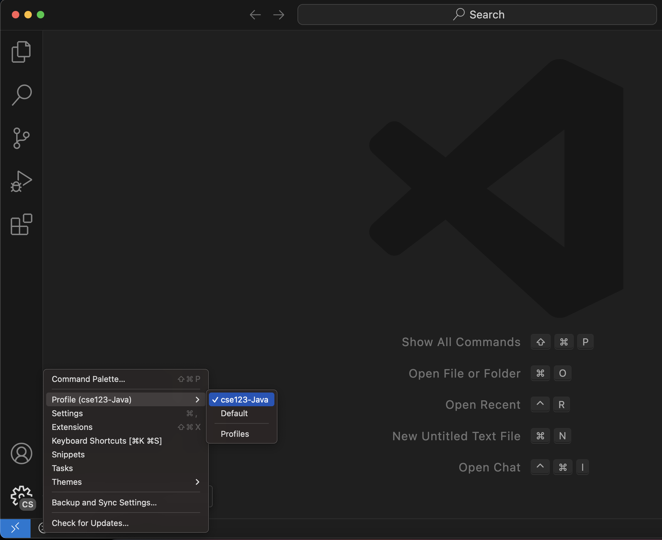 VSCode menu showing the profile is set to cse123-Java mac