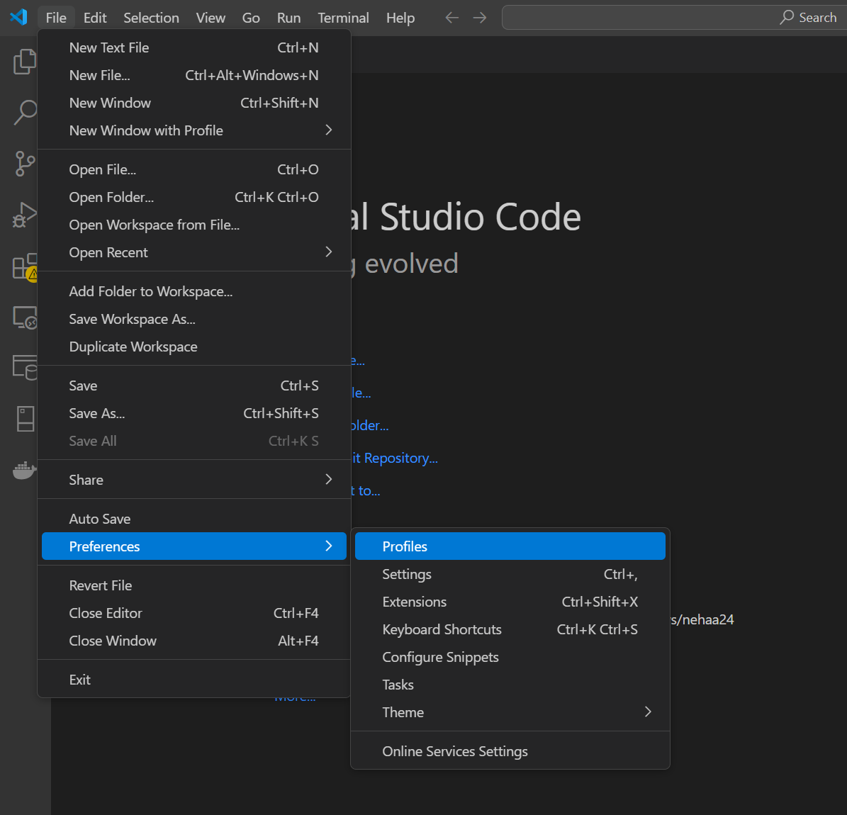 VSCode menu for starting profile import
