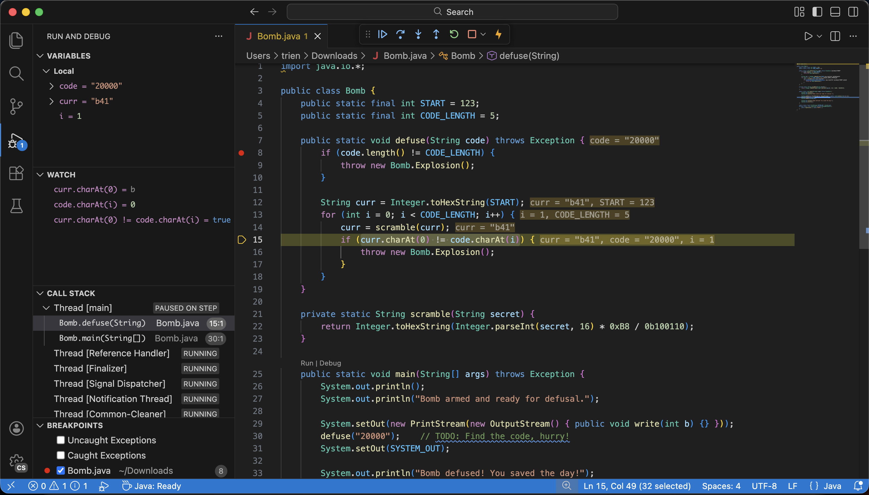 The bomb.java file in the debugger stopped on line 15 after having added curr.charAt(0), code.charAt(i), and curr.charAt(0) != code.charAt(i) to the watch