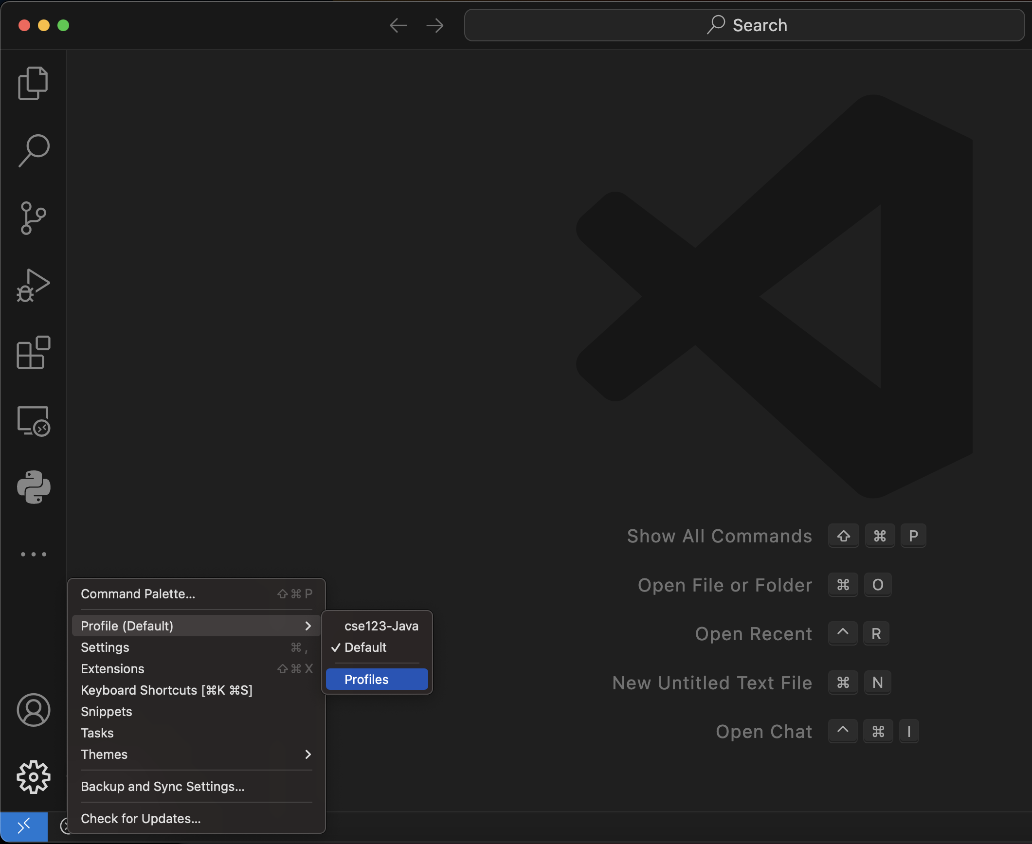 VSCode menu for starting profile import
