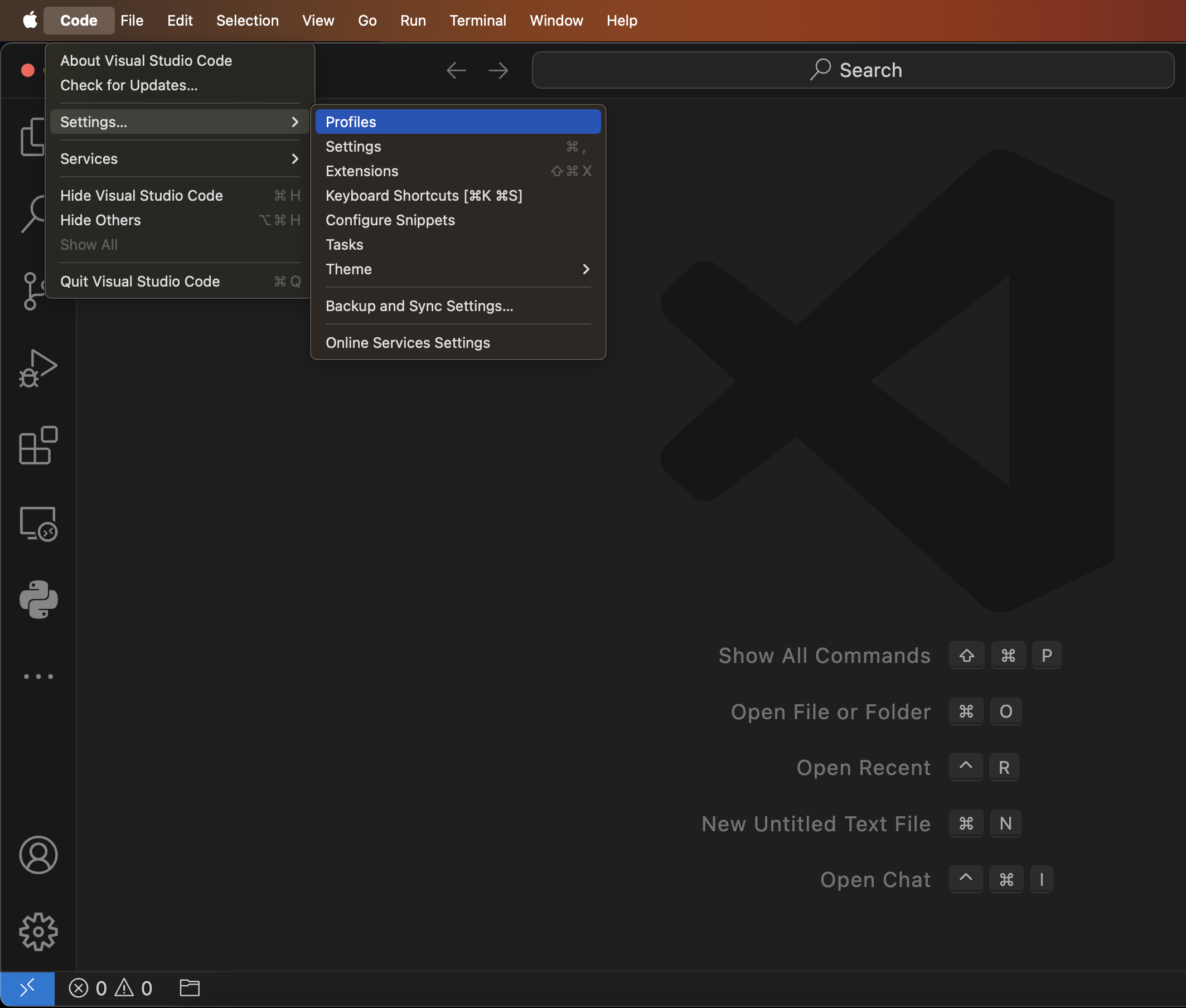 VSCode menu for starting profile import