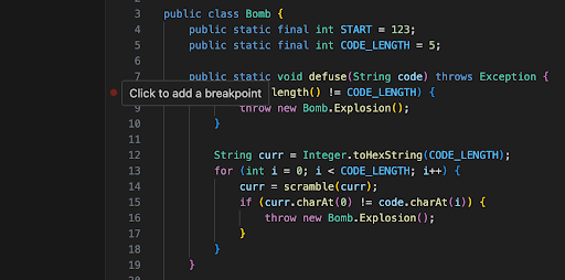 Hovering to the left of the code line numbers in VSCode showing the Click to add a breakpoint text