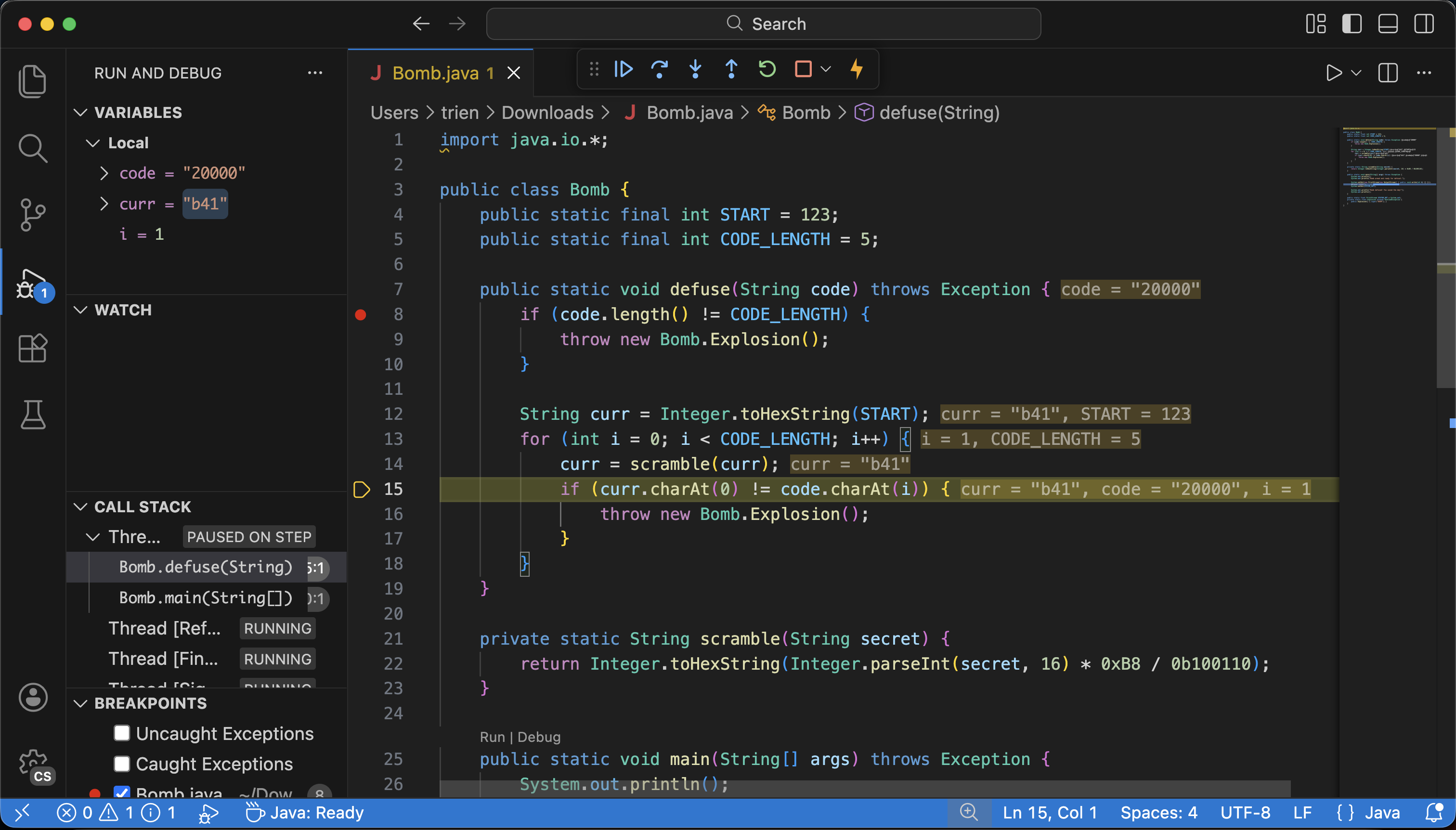 The bomb.java file in the debugger stopped on line 15 after having successfully completed one iteration of the for loop