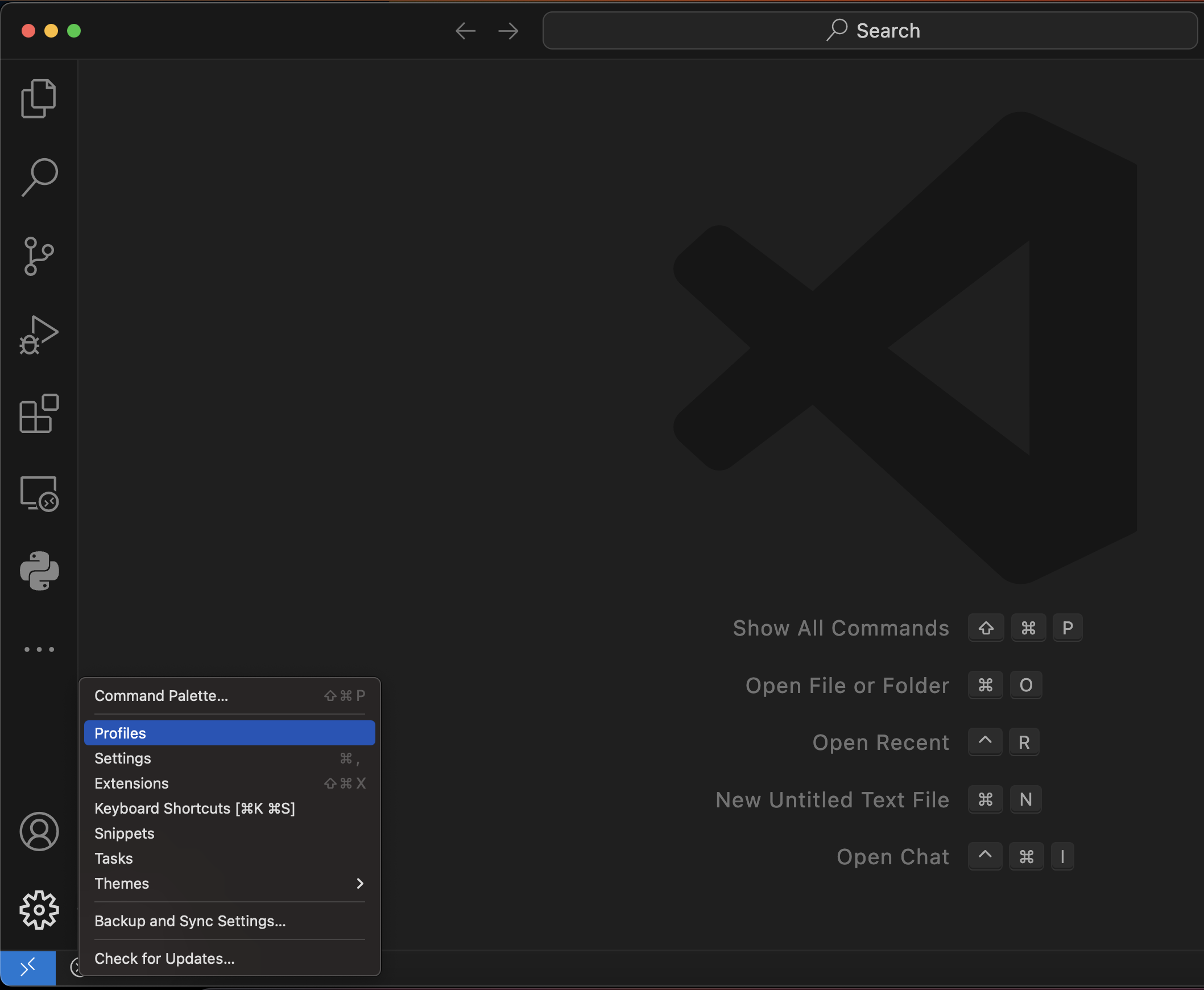VSCode menu for starting profile import