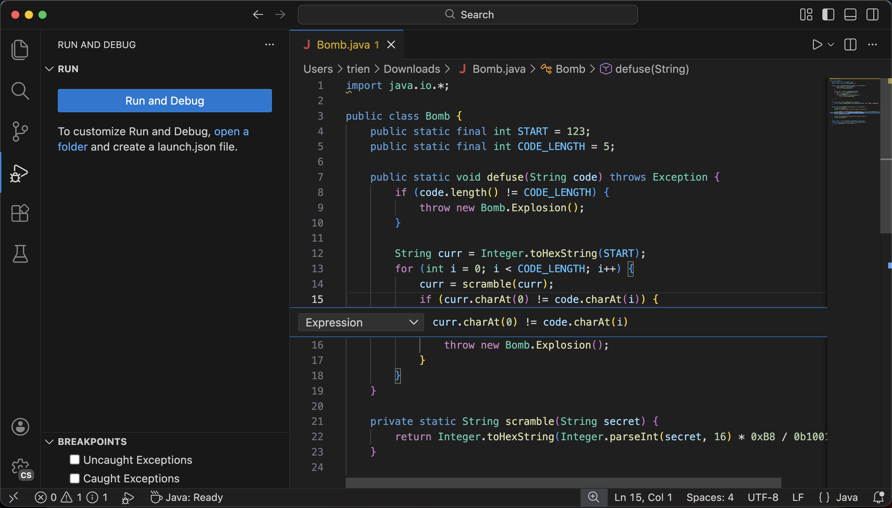 Adding a conditional breakpoint to line 15 of bomb.java with the condition curr.charAt(0) != code.charAt(i)