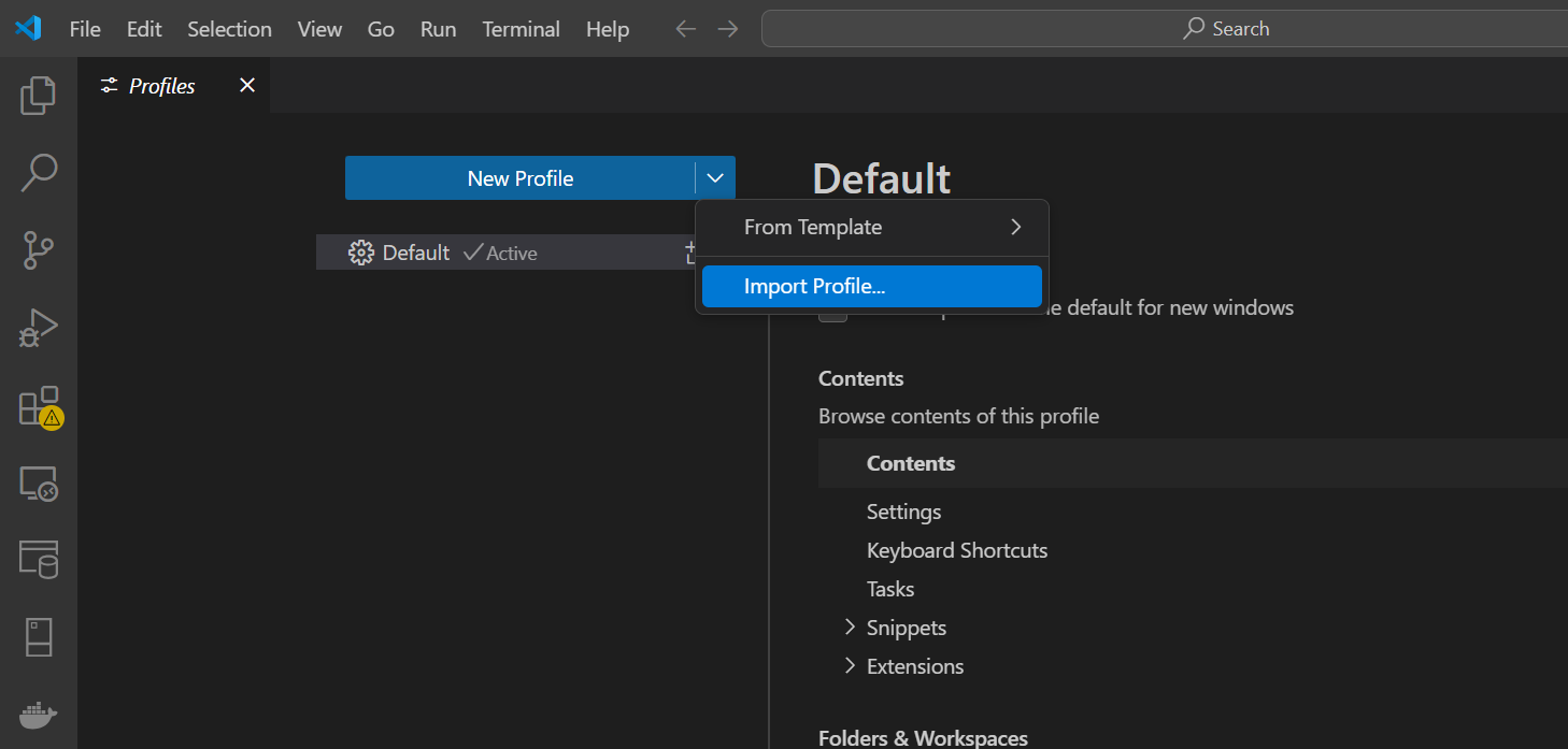 VSCode menu importing new profile