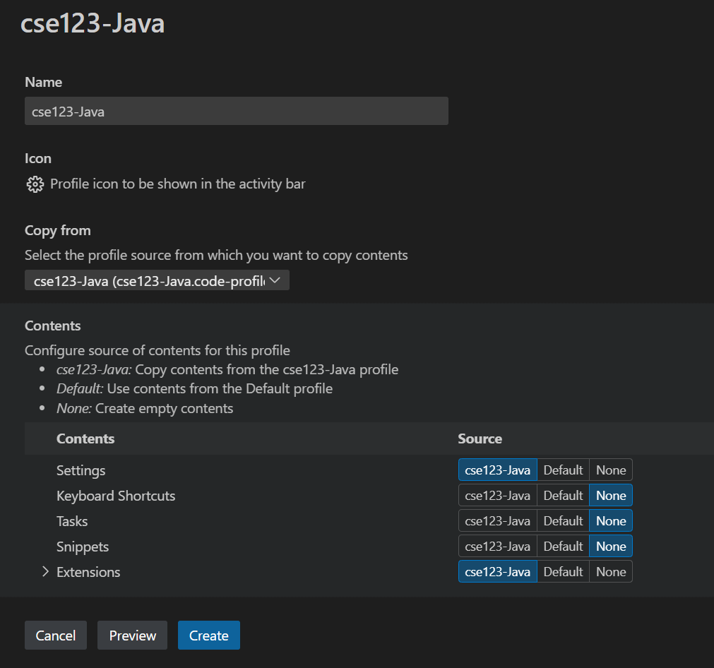 The location of the create profile button at the bottom of VSCode