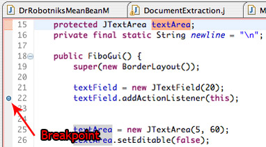Text editor view after setting a breakpoint on line #22