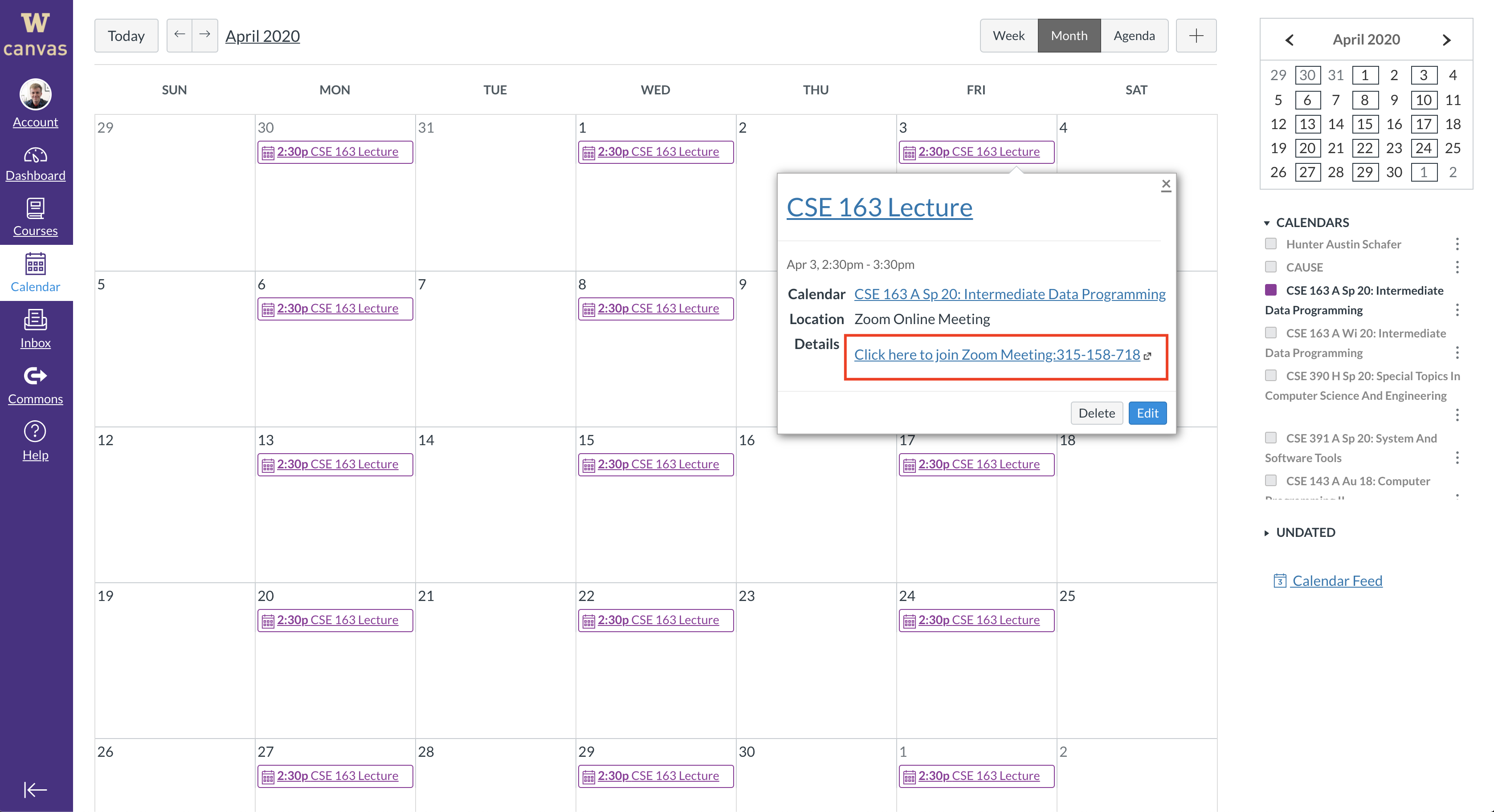 Clicking on the 'Join' link for a Zoom event in Canvas calendar