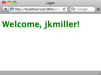 screenshot of login.php with new user greeting