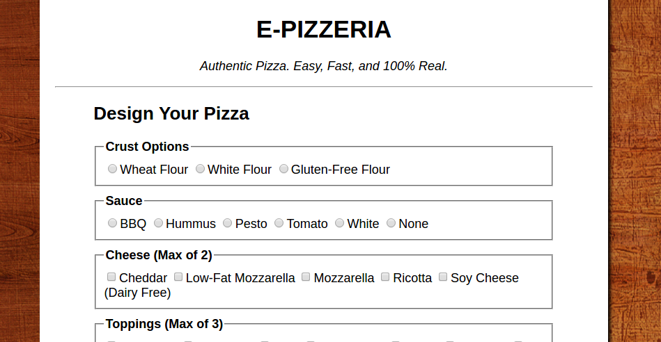 E-Pizzeria exercise screenshot