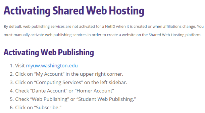 activating shared web hosting