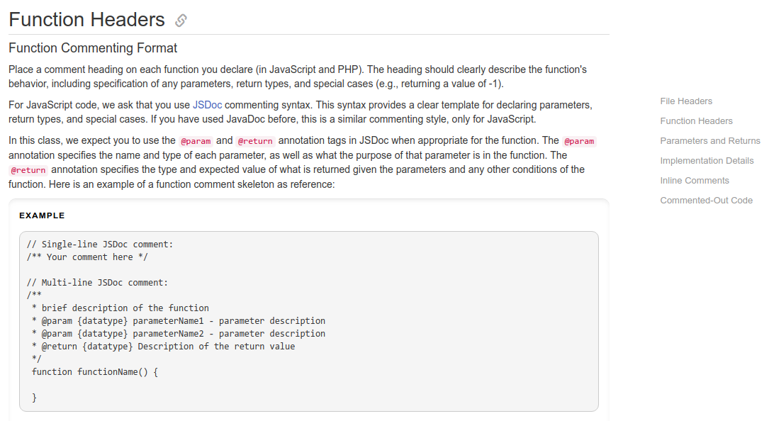 JSDoc section of CSE 154 Code Quality Guide