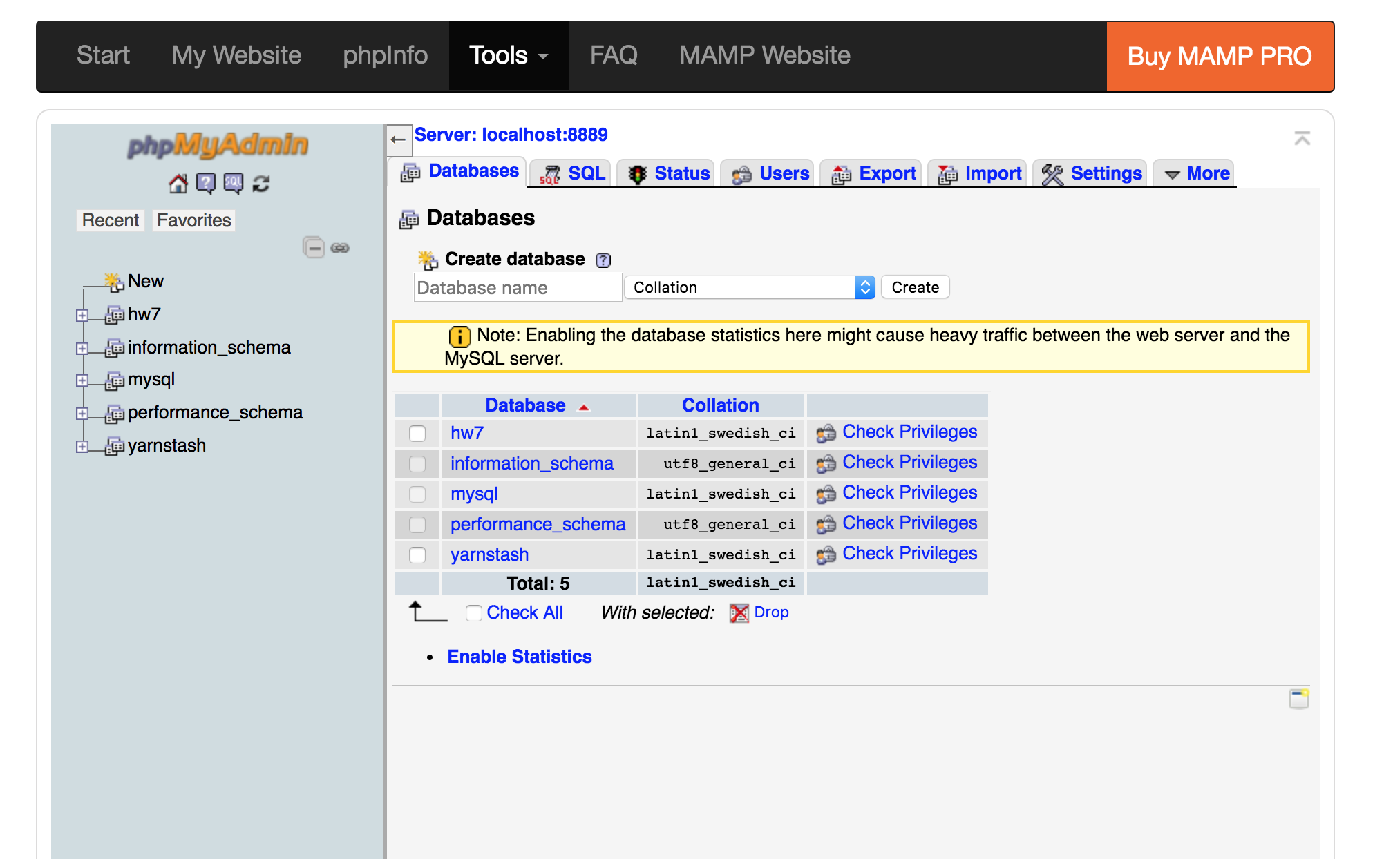 mamp databases tab