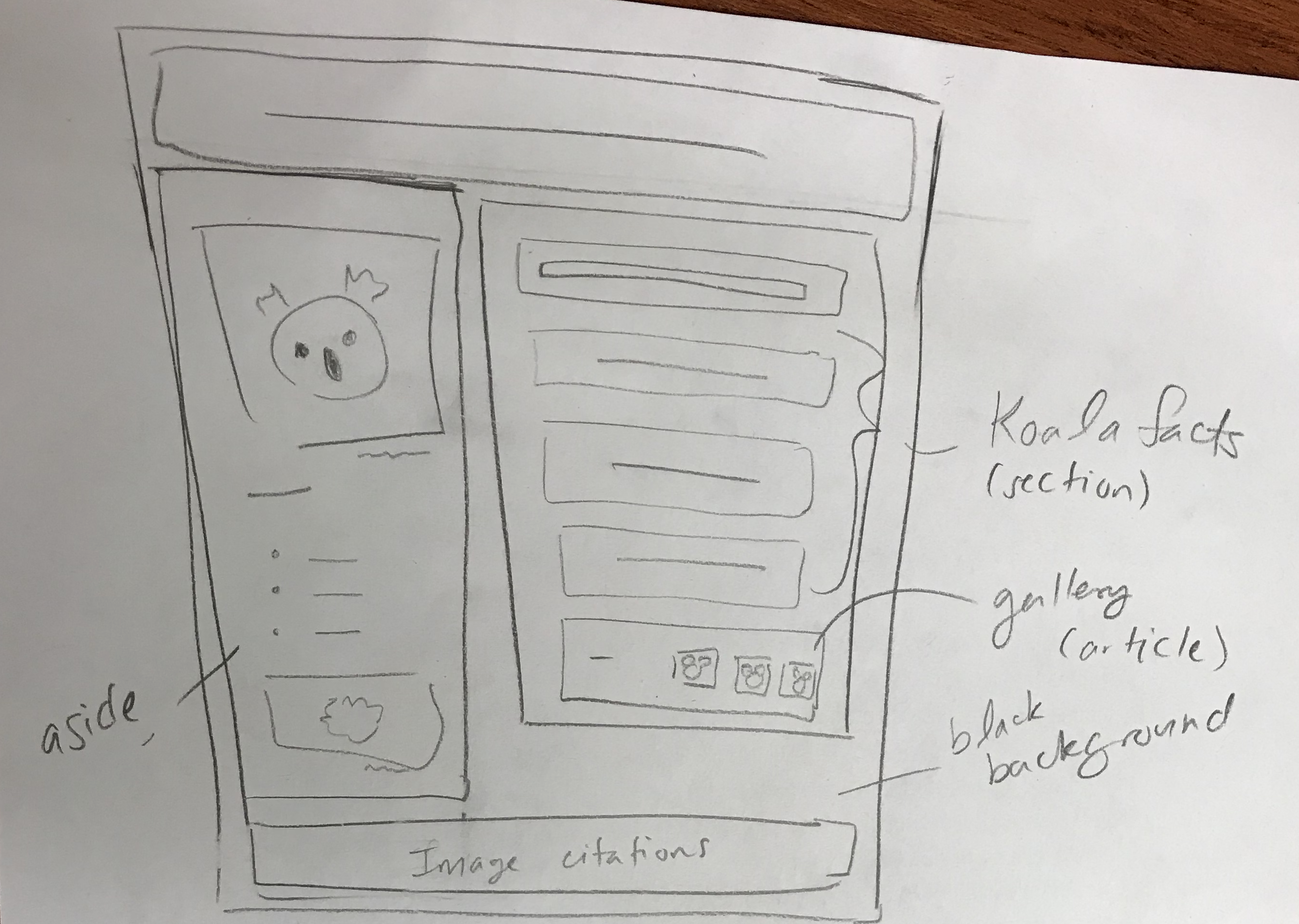 Penciled wireframe of a koala fan page