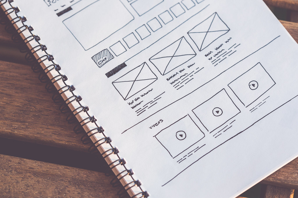 Wireframes sketched in a notebook